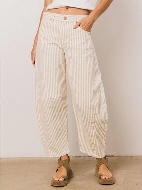 Bohme Allison Tan and White Striped Barrel-Leg Jeans